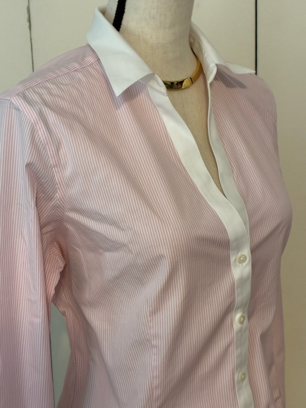 Brooks Brothers Non-Iron Pink Stripe Shirt with White Collar and Cuffs